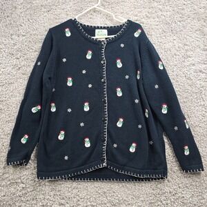 Quacker Factory Cardigan Women Medium Blue Christmas Snowman Holiday‎ Sweater